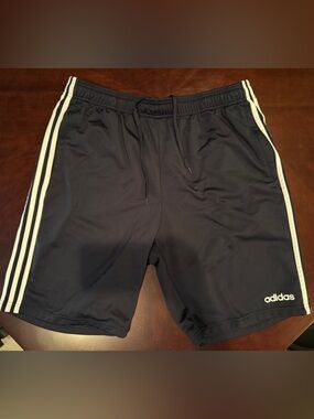 adidas Men’s Navy Blue Athletic Shorts with White Stripes